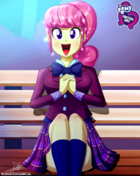 Size: 920x1160 | Tagged: safe, artist:the-butch-x, part of a set, diwata aino, equestria girls, g4, my little pony equestria girls: friendship games, background human, bench, bowtie, breasts, busty diwata aino, butch's hello, clothes, crystal prep academy uniform, cute, equestria girls logo, female, kneesocks, looking at you, open mouth, plaid skirt, pleated skirt, school uniform, schrödinger's pantsu, signature, sitting, skirt, smiling, socks, solo, sparkles