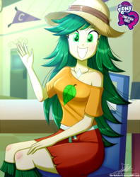 Size: 920x1160 | Tagged: safe, artist:the-butch-x, part of a set, sweet leaf, equestria girls, g4, background human, bare shoulders, butch's hello, chair, clothes, cute, equestria girls logo, female, hat, jewelry, leafabetes, looking at you, miniskirt, necklace, off shoulder, sexy, signature, sitting, skirt, smiling, solo, waving
