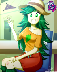 Size: 920x1160 | Tagged: safe, artist:the-butch-x, part of a set, sweet leaf, human, equestria girls, g4, background human, bare shoulders, butch's hello, chair, clothes, cute, equestria girls logo, female, hat, jewelry, leafabetes, looking at you, miniskirt, necklace, off shoulder, sexy, signature, sitting, skirt, smiling, solo, waving