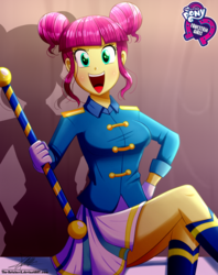 Size: 920x1160 | Tagged: safe, artist:the-butch-x, part of a set, majorette, sweeten sour, equestria girls, g4, my little pony equestria girls: friendship games, background human, boots, breasts, busty sweeten sour, butch's hello, clothes, cute, equestria girls logo, female, hair bun, legs, looking at you, miniskirt, open mouth, pleated skirt, schrödinger's pantsu, shoes, signature, sitting, skirt, smiling, solo, sweetenbetes, thighs