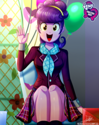 Size: 920x1160 | Tagged: safe, artist:the-butch-x, part of a set, suri polomare, equestria girls, g4, my little pony equestria girls: friendship games, background human, balloon, butch's hello, chair, clothes, crystal prep academy uniform, cute, equestria girls logo, female, legs, looking at you, open mouth, plaid skirt, pleated skirt, scarf, school uniform, signature, sitting, skirt, smiling, solo, suit, suribetes, waving, when she smiles