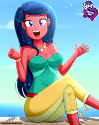 Size: 920x1160 | Tagged: safe, artist:the-butch-x, desert sage, equestria girls, equestria girls specials, g4, my little pony equestria girls: better together, my little pony equestria girls: spring breakdown, background human, blue eyes, blue hair, breasts, bustier, busty desert sage, butch's hello, cleavage, crossed legs, equestria girls logo, female, jewelry, necklace, open mouth, pearl necklace, sage booty, signature, solo, underass, waving