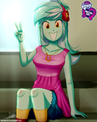 Size: 920x1160 | Tagged: safe, artist:the-butch-x, lyra heartstrings, equestria girls, g4, background human, boots, breasts, butch's hello, clothes, cute, cutie mark necklace, equestria girls logo, female, headband, jewelry, lyrabetes, necklace, peace sign, shoes, signature, sitting, skirt, smiling, socks, solo