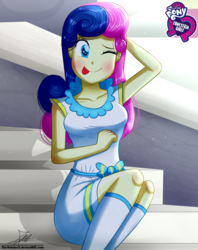 Size: 920x1160 | Tagged: safe, artist:the-butch-x, bon bon, sweetie drops, equestria girls, g4, :p, ;p, adorabon, arm behind head, background human, butch's hello, cute, equestria girls logo, female, mlem, one eye closed, signature, silly, solo, tongue out, wink