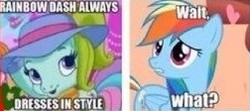 Size: 252x112 | Tagged: safe, rainbow dash, rainbow dash (g3), earth pony, pegasus, pony, g3, g3.5, g4, hat, picture for breezies, rainbow dash always dresses in style, wait what