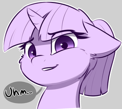 Size: 1200x1079 | Tagged: safe, artist:captainpudgemuffin, edit, twilight sparkle, pony, unicorn, alternate hairstyle, bust, cheek fluff, cropped, cute, dialogue, female, floppy ears, gray background, grin, looking at you, mare, partial color, ponytail, reaction image, simple background, smiling, solo, speech bubble, twiabetes, unicorn twilight