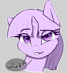 Size: 1200x1302 | Tagged: safe, artist:captainpudgemuffin, edit, twilight sparkle, pony, unicorn, alternate hairstyle, bust, cheek fluff, cropped, cute, dialogue, eyebrows, eyebrows visible through hair, female, gray background, grin, looking at you, mare, partial color, raised eyebrow, reaction image, simple background, smiling, smirk, solo, speech bubble, twiabetes, unicorn twilight, wat