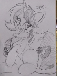 Size: 3120x4160 | Tagged: safe, artist:zemer, oc, oc only, oc:clover, pony, unicorn, art trade, grayscale, monochrome, open mouth, pencil drawing, solo, traditional art
