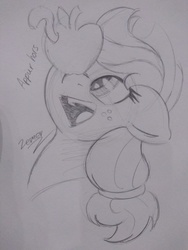 Size: 3120x4160 | Tagged: safe, artist:zemer, applejack, pony, worm, apple, art trade, female, food, grayscale, monochrome, pencil drawing, solo, traditional art