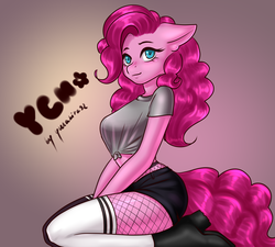 Size: 3000x2700 | Tagged: safe, artist:yutakira92, pinkie pie, earth pony, anthro, g4, breasts, busty pinkie pie, clothes, commission, cute, diapinkes, female, fishnet stockings, high res, shirt, shorts, solo, stockings, t-shirt, thigh highs, ych example, your character here