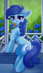 Size: 1300x2200 | Tagged: safe, artist:php97, oc, oc only, oc:raylanda, earth pony, pony, :p, blue rose, bush, chest fluff, cottagecore, cute, cutie mark, earth pony oc, eyebrows, eyebrows visible through hair, eyelashes, female, floppy ears, flower, gazebo, looking at you, mare, raised hoof, rose, solo, tongue out