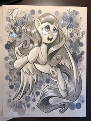 Size: 1536x2048 | Tagged: safe, artist:andy price, fluttershy, butterfly, pegasus, pony, g4, female, flying, monochrome, traditional art