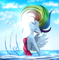 Size: 2000x2022 | Tagged: safe, artist:german_frey, rainbow dash, pegasus, anthro, g4, breasts, clothes, eyes closed, female, hair flip, high res, mare, ocean, one-piece swimsuit, open-back swimsuit, reasonably sized breasts, sexy, solo, stupid sexy rainbow dash, swimming, swimsuit