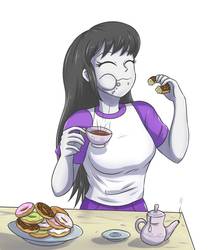Size: 830x963 | Tagged: safe, artist:sumin6301, octavia melody, equestria girls, g4, cup, donut, eating, female, food, plate, solo, table, tea, teacup, teapot