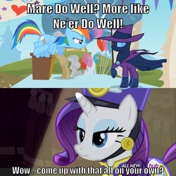 Size: 710x710 | Tagged: safe, edit, edited screencap, screencap, mare do well, mayor mare, rainbow dash, rarity, pegasus, pony, unicorn, g4, testing testing 1-2-3, the mysterious mare do well, ancient wonderbolts uniform, angry, balloon, caption, celebration, clothes, female, flat stare, flying, frown, hat, image macro, lidded eyes, mare, meme, podium, rarity is not amused, sarcasm, sgt. rarity, spotlight, surprised, text, unamused, uniform