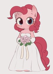 Size: 859x1199 | Tagged: dead source, safe, artist:manachaaaaaaaa, pinkie pie, earth pony, pony, anthro, semi-anthro, unguligrade anthro, g4, arm hooves, bare shoulders, beautiful, bipedal, blushing, bouquet, clothes, cute, diapinkes, dress, female, flower, looking at you, mare, simple background, smiling, solo, wedding dress, white background