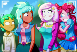 Size: 1560x1060 | Tagged: safe, artist:the-butch-x, fleur-de-lis, frosty orange, pinkie pie, snails, human, equestria girls, equestria girls series, five lines you need to stand in, g4, spoiler:eqg series (season 2), background human, blushing, breasts, busty fleur-de-lis, busty frosty orange, camera, cleavage, clothes, desperation, female, geode of sugar bombs, grin, hoodie, looking back, magical geodes, male, need to pee, omorashi, potty emergency, potty time, scene interpretation, selfie drone, smiling, snails is not amused, unamused