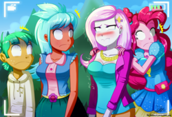 Size: 1560x1060 | Tagged: safe, alternate version, artist:the-butch-x, fleur-de-lis, frosty orange, pinkie pie, snails, human, equestria girls, five lines you need to stand in, g4, my little pony equestria girls: better together, accident, background human, blushing, breasts, busty fleur-de-lis, busty frosty orange, cleavage, desperation, frown, implied pissing, implied wetting, need to pee, omorashi, peeing in shorts, potty emergency, potty failure, potty time, scene interpretation, shrunken pupils, wide eyes
