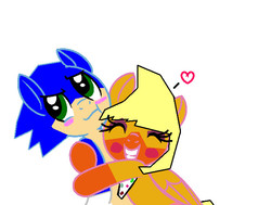 Size: 710x536 | Tagged: safe, artist:lizziegould, artist:purple-cat-365, pony, base used, blush sticker, blushing, female, five nights at freddy's, heart, hug, male, ponified, shipping, sonic the hedgehog, sonic the hedgehog (series), straight, toy chica