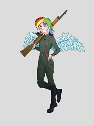 Size: 3000x4000 | Tagged: safe, artist:neeeverlucky, rainbow dash, equestria girls, g4, crossover, grin, gun, heterochromia, human coloration, military uniform, rifle, simple background, smiling, tanya degurechaff, weapon, winged humanization, wings, youjo senki