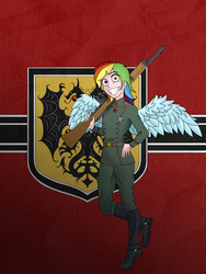 Size: 3000x4000 | Tagged: safe, alternate version, artist:neeeverlucky, rainbow dash, equestria girls, g4, crossover, emblem, grin, gun, heterochromia, human coloration, military uniform, rifle, smiling, tanya degurechaff, weapon, winged humanization, wings, youjo senki