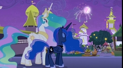 Size: 2581x1427 | Tagged: safe, screencap, princess celestia, princess luna, alicorn, pony, g4, my little pony: friendship is magic, season 9, the summer sun setback, female, hoof shoes, mare