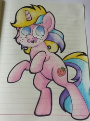 Size: 1935x2584 | Tagged: safe, artist:chatotlover448, holly dash, pony, unicorn, g4, bipedal, cute, freckles, hollybetes, irl, lined paper, photo, rearing, smiling, solo, traditional art