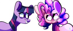 Size: 1280x555 | Tagged: safe, artist:extradan, pinkie pie, twilight sparkle, earth pony, pony, unicorn, g4, grin, looking at each other, nervous, smiling