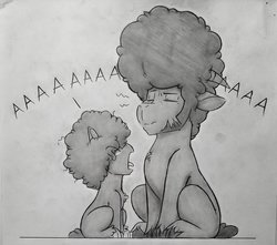 Size: 2268x2003 | Tagged: safe, artist:denzel, oc, oc only, oc:whitney, oc:winston, goat, aaaaaaaaaa, afro, cloven hooves, eyes closed, high res, male, open mouth, sitting, traditional art, unshorn fetlocks, yelling