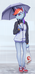 Size: 1435x3026 | Tagged: safe, artist:mrscroup, rainbow dash, pegasus, anthro, plantigrade anthro, g4, bag, blushing, clothes, cold, cute, cyrillic, eyebrows, eyelashes, female, full body, jacket, jeans, mare, misleading thumbnail, pants, rain, russian, sad, shoes, shopping bag, sneakers, solo, standing, umbrella, wet