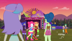 Size: 1261x720 | Tagged: safe, screencap, duke suave, laurel jade, lemon zack, peppermint azure, pinkie pie, snow flower, space camp, sunset shimmer, equestria girls, equestria girls series, g4, sunset's backstage pass!, spoiler:eqg series (season 2), ass, background human, boots, butt, clothes, discovery family logo, female, hair bun, male, midriff, pantyhose, shoes, shorts, skirt, sneakers, stage