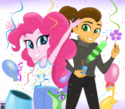 Size: 2500x2192 | Tagged: safe, artist:theretroart88, boneless, cheese sandwich, gummy, pinkie pie, equestria girls, g4, the last laugh, clothes, duo, equestria girls interpretation, equestria girls-ified, female, grin, high res, male, pants, party cannon, ponytail, scene interpretation, smiling, sweater, turtleneck