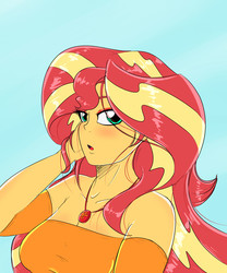 Size: 2500x3000 | Tagged: safe, artist:albertbm, sunset shimmer, equestria girls, equestria girls series, g4, bare shoulders, blue background, bust, cute, eyeshadow, female, geode of empathy, high res, looking at you, magical geodes, makeup, open mouth, shimmerbetes, simple background, solo