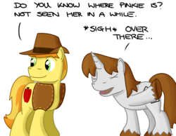 Size: 1080x840 | Tagged: safe, artist:hoofclid, braeburn, oc, earth pony, pony, g4, clothes, colored hooves, cowboy hat, duo, hat, pointing, simple background, unshorn fetlocks, vest, white background