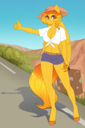 Size: 3056x4584 | Tagged: safe, artist:pewas, oc, oc only, oc:firetale, pegasus, anthro, unguligrade anthro, anthro oc, belly button, breasts, cleavage, clothes, denim shorts, female, front knot midriff, hat, hitchhiking, long hair, long tail, mare, midriff, road, shirt, shorts, solo, street, sweat