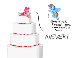 Size: 1080x840 | Tagged: safe, artist:hoofclid, pinkie pie, rainbow dash, earth pony, pegasus, pony, g4, cake, dialogue, duo, eating, eyes closed, female, flying, food, hooves, mare, open mouth, simple background, white background, wings