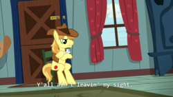 Size: 1280x722 | Tagged: safe, screencap, braeburn, earth pony, pony, appleoosa's most wanted, g4, chair, crossed arms, door, male, sitting, solo, stallion