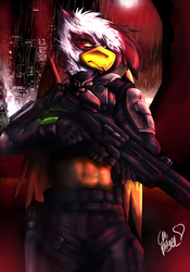 Size: 3500x5000 | Tagged: safe, artist:loki-bagel, oc, oc only, oc:kilo steelwing, griffon, anthro, armor, city, clothes, glasses, gun, solo, weapon