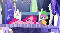 Size: 1920x1080 | Tagged: safe, screencap, pinkie pie, spike, dragon, earth pony, pony, g4, the last laugh, cupcake, cutie map, female, food, male, mare, prone, spread toes, toes, twilight's castle, underfoot, winged spike, wings