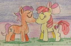 Size: 3024x1964 | Tagged: safe, artist:13mcjunkinm, apple bloom, tender taps, earth pony, pony, g4, colt, duo, female, filly, foal, kiss on the lips, kissing, male, shipping, straight, tenderbloom, traditional art