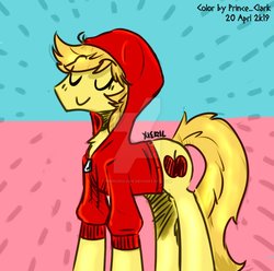 Size: 898x890 | Tagged: safe, artist:princeclark, artist:xieril, color edit, edit, braeburn, earth pony, pony, g4, abstract background, clothes, colored, cutie mark, eyes closed, hoodie, male, signature, solo