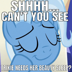 Size: 639x639 | Tagged: safe, edit, edited screencap, editor:undeadponysoldier, screencap, trixie, pony, unicorn, g4, bronybait, caption, cropped, cute, diatrixes, eyes closed, female, image macro, mare, meme, shhh, sleeping, smiling, solo, sweet dreams fuel, talking to viewer, text, third person