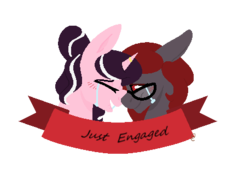 Size: 457x329 | Tagged: safe, artist:paint-pot, oc, oc:curse word, oc:magpie, pony, banner, crying, female, lesbian, simple background, transparent background