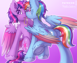Size: 2778x2257 | Tagged: safe, artist:shad0w-galaxy, rainbow dash, twilight sparkle, alicorn, pegasus, pony, g4, blushing, butt, cute, duo, duo female, female, fluffy, frog (hoof), high res, lesbian, looking at you, mare, patreon, patreon logo, plot, ship:twidash, shipping, twilight sparkle (alicorn), underhoof, unshorn fetlocks, wing fluff