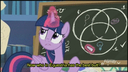 Size: 1920x1080 | Tagged: safe, edit, edited screencap, screencap, derpy hooves, twilight sparkle, alicorn, pony, best gift ever, g4, animated, book, butt, chalk, chalkboard, discovery family logo, eye reflection, faic, female, flank, magic, no sound, plot, pudding face, reflection, solo, talking, text, twilight sparkle (alicorn), twilight's castle, webm, wings, zoom in