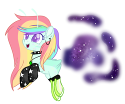 Size: 851x708 | Tagged: safe, artist:bluerosearrow, artist:rukemon, oc, oc only, oc:ivy star, alien, earth pony, pony, antennae, base used, boots, choker, clothes, commission, ear piercing, earring, female, jewelry, mare, multicolored hair, necklace, open mouth, piercing, rainbow hair, raised hoof, raised leg, shoes, simple background, socks, solo, spiked choker, transparent background