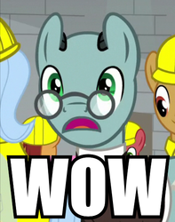Size: 425x539 | Tagged: safe, edit, edited screencap, screencap, sans smirk, earth pony, pony, g4, the last laugh, caption, cheese's factory, glasses, image macro, impressed, male, meme, open mouth, solo, text, wow