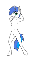 Size: 3500x6278 | Tagged: safe, artist:bumskuchen, oc, oc only, oc:shifting gear, unicorn, semi-anthro, arm behind head, armpits, casual nudity, looking at you, nudity, solo