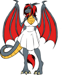 Size: 1060x1273 | Tagged: safe, artist:burningsnowflakeproductions, oc, oc:calvia, dragon, anthro, blushing, breasts, cleavage, clothes, dragoness, dress, embarrassed, female, hands behind back, horns, tail, tsundere, wings