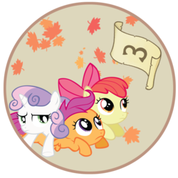 Size: 554x554 | Tagged: safe, artist:princemars, apple bloom, scootaloo, sweetie belle, earth pony, pegasus, pony, unicorn, g4, 3, cutie mark crusaders, leaves, scroll, stamp, text, trio
